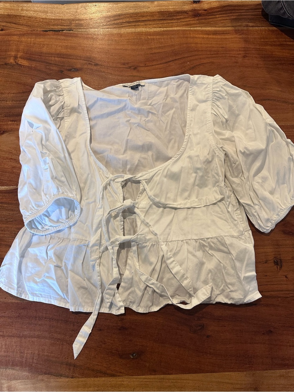 American Eagle White Peasant Tie-Front Women’s Top